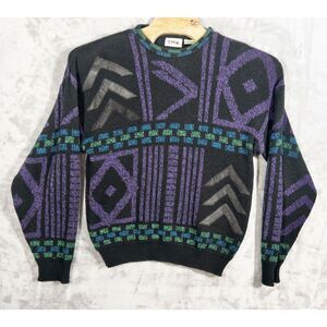 Vintage Chia Acrylic And Leather‎ Geometric Knit Sweater Mens Medium